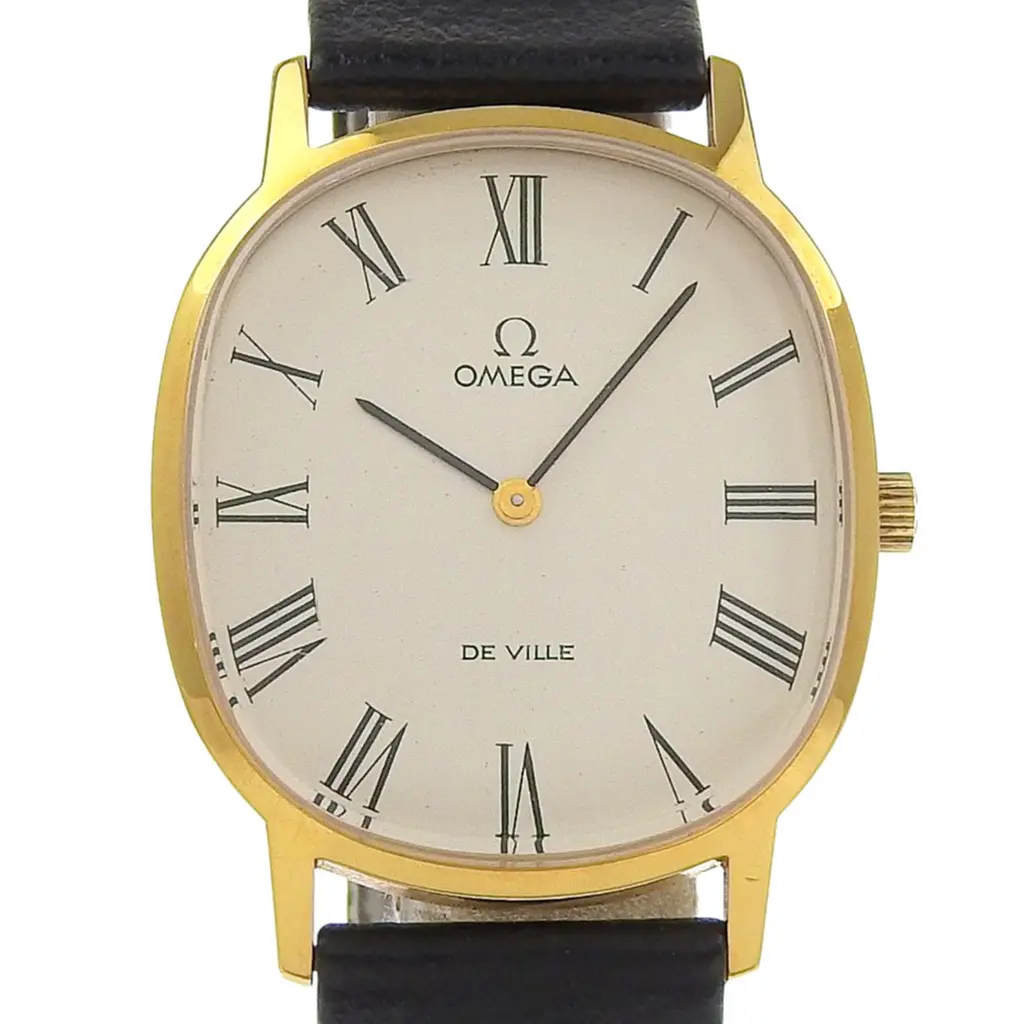 오메가 드빌 스테인리스 스틸 가죽 수동 와인딩 아날로그 화이트 다이얼 시계